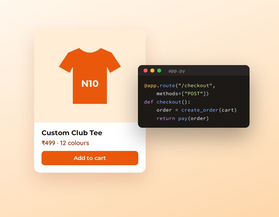 E-commerce product card next to Flask checkout code
